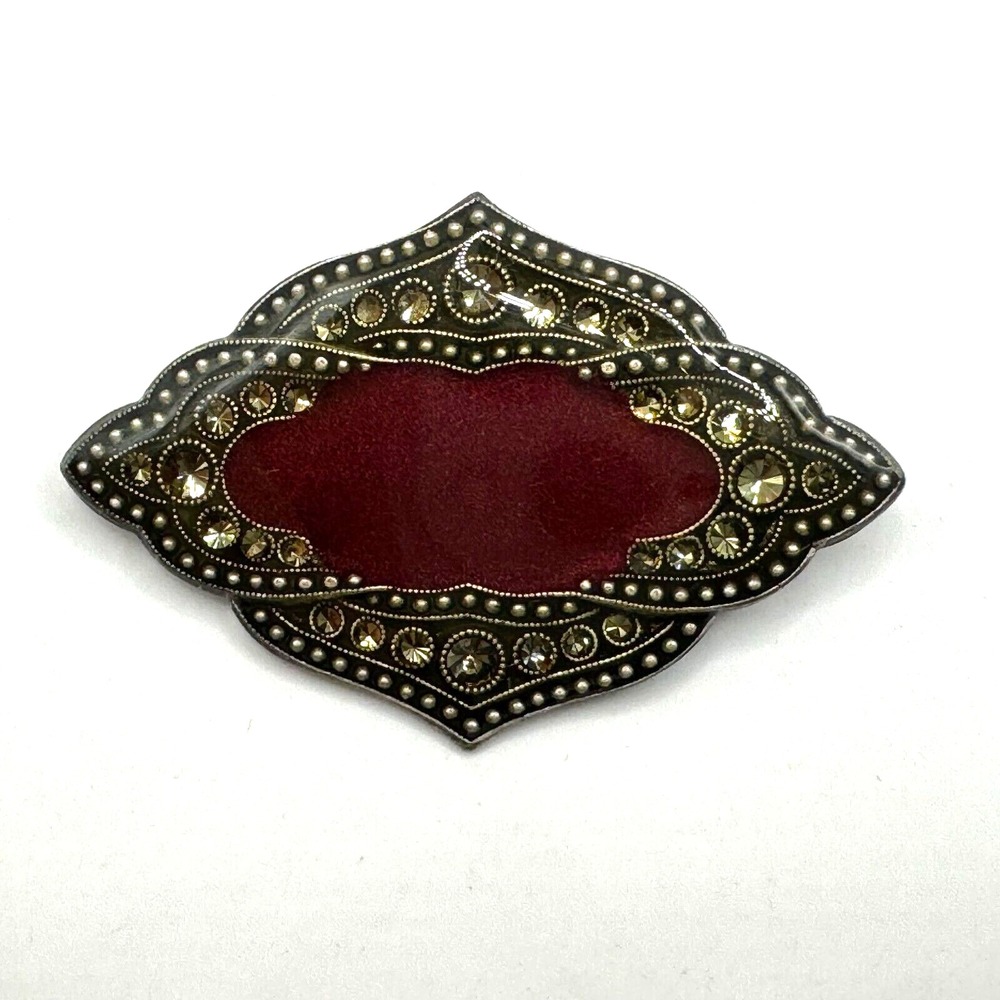Catherine Popesco Art Deco Burgundy Enamel Brooch Pin Rhinestones Silver Tone